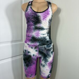 NWT Women's Bodysuit Sz L/XL One Piece Workout  Athletic Shorts Cross Back Ruche